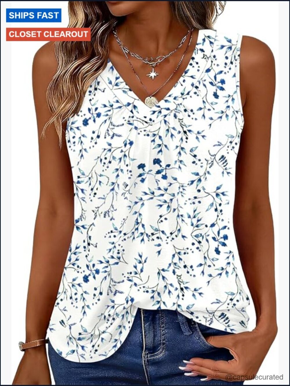 Sleeveless V Neck Pleated Tank Top Loose Fit Summer Blouse